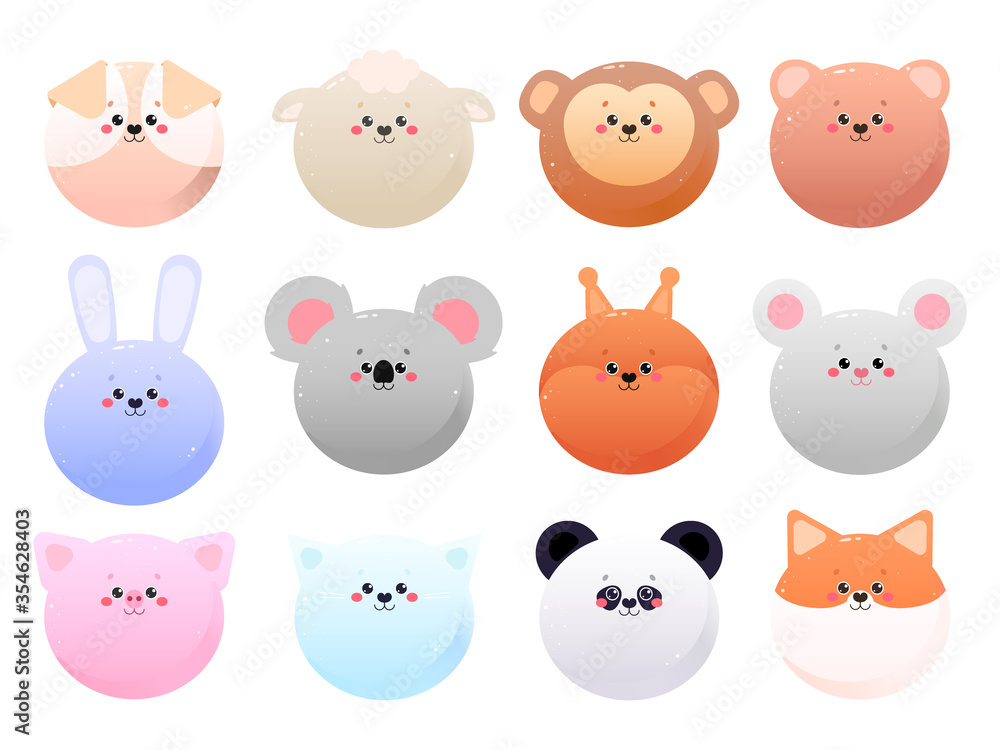Cute Kawaii Animals isolated on a white background. Vector