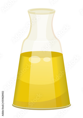 Glass bottle closed with bung with golden liquid inside. Vessel with viscous purified substance used for cooking or hair care. Vegetable, olive or sunflower, oil produced by plant. Vector illustration