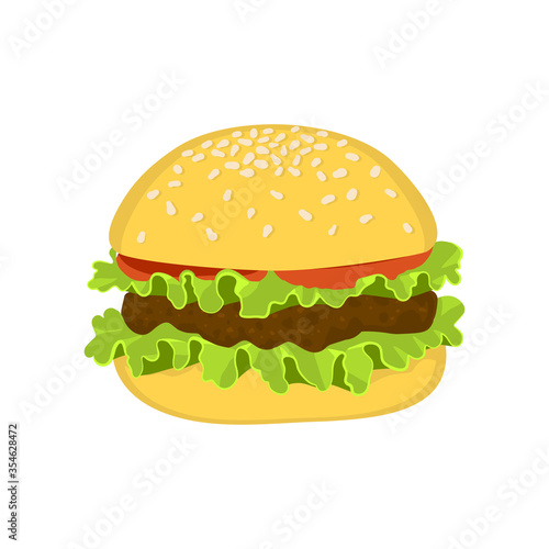 Hamburger icon with meat, lettuce,  and tomato. Vector illustration. Tasty big hamburger with cheese and sesame seeds isolated on white background.