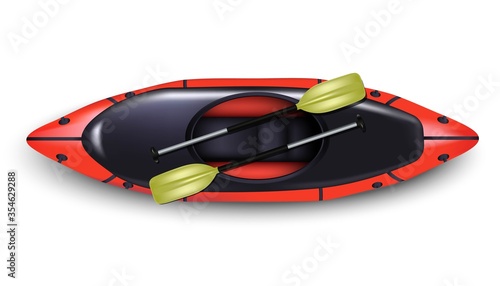 3d realistic vector red raft with yellow oars in top view. Isolated on white background.