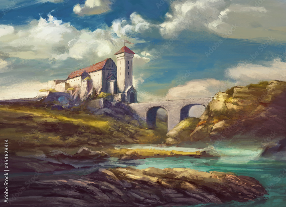 landscape with medieval castle on cliff, stone bridge over river, rocks, beautiful sky with white clouds - painting fantasy scene, fictional castle