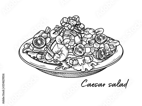Caesar salad with shrimp isolated on a white background. Sketch Italian dishes. Vector illustration