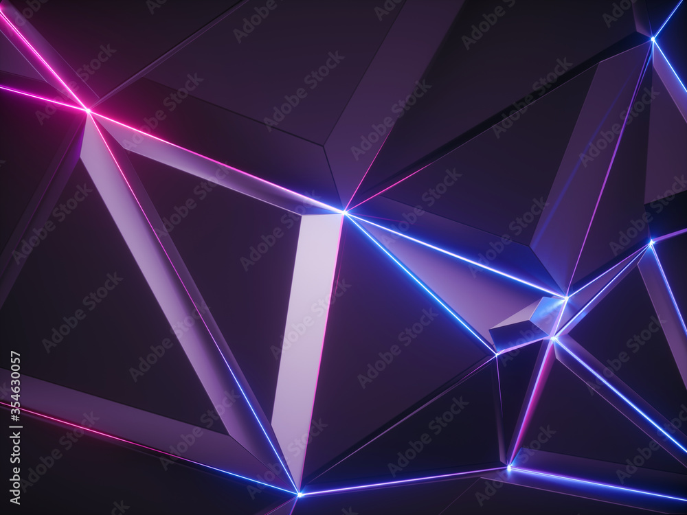 Naklejka 3d render, abstract violet metallic faceted background, pink blue glowing neon light, triangular tiles, modern geometric texture, cyber network concept, grid, crystallized wallpaper