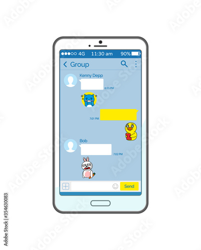 Kakao talk messenger vector, chatting box and stickers sent in conversation. Interface of social media application in smartphone isolated flat icon
