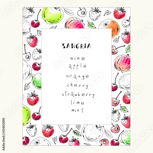 Hand drawn fruit and berry frame with summer sangria recipe ingredients.
