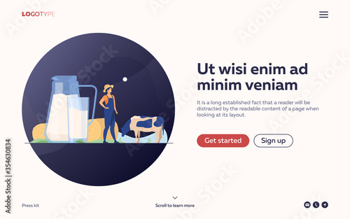 Fresh milk in glass jug. Cow pasturing on farming field. Vector illustration for farm food, nutrition, diet, calcium, casein concept