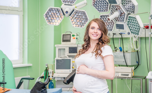 Portrait of a pregnant woman standing in medical clinic. Empty space for text