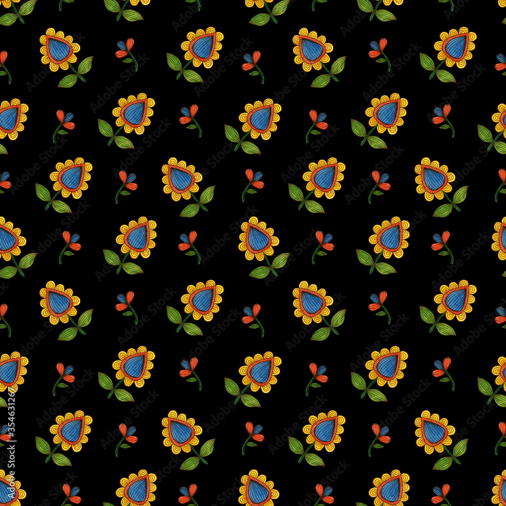 Seamless watercolor pattern with spring flowers in folk style on a black background.