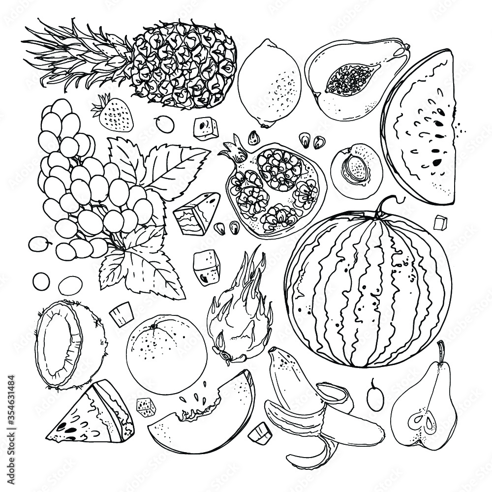 Flying exotic fruits on a white background. A sketch of food. Coconut, Physalis, mangosteen, pineapple, banana, jackfruit Flying exotic fruits on a white background. A sketch of food. Coconut, Physalis, mangosteen, pineapple, banana, jackfruit