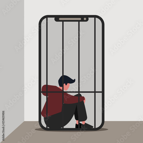 Gadget addiction. Lonely guy imprisoned in cage inside of mobile phone, vector illustration in flat style