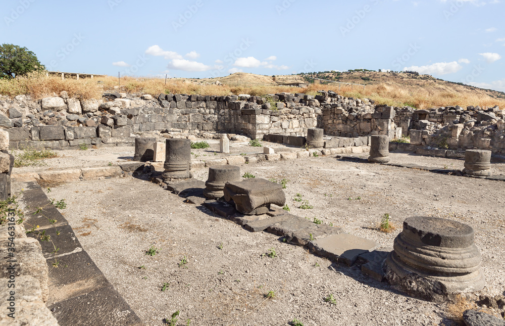 Remains  of the main hall of the temple in ruins of the Greek - Roman city of the 3rd century BC - the 8th century AD Hippus - Susita on the Golan Heights near the Sea of Galilee - Kineret, Israel