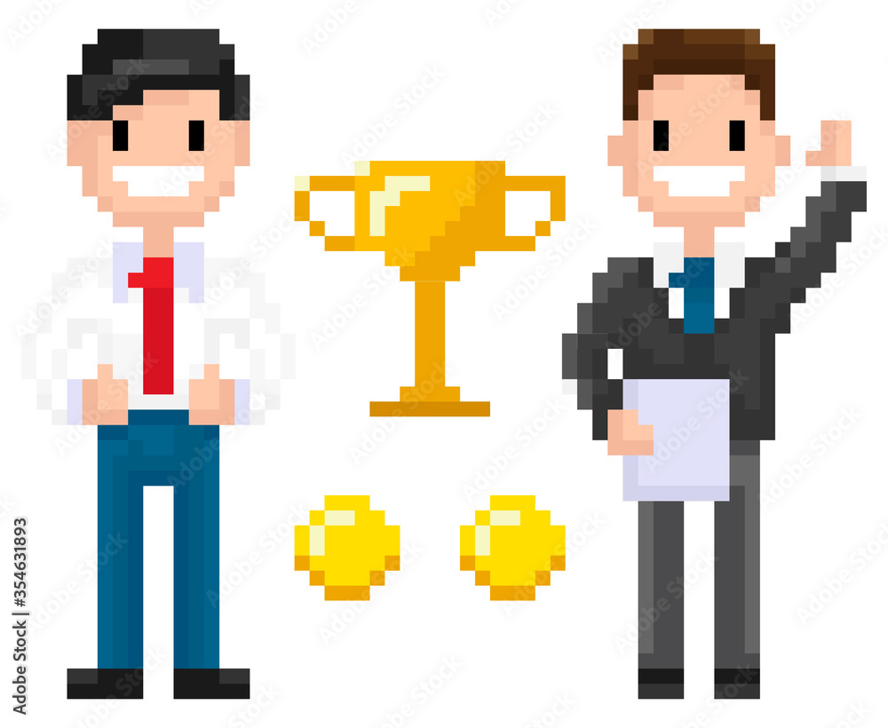 Pixel characters businessman with coins and trophy award vector, isolated man wearing business suit and tie smiling because of achievements, pixelated 8 bit graphics person Pixel characters businessman with coins and trophy award vector, isolated man wearing business suit and tie smiling because of achievements, pixelated 8 bit graphics person