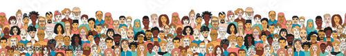 Women's men's children's portraits line drawing doodle poster seamless border