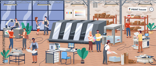 Printing house polygraphy industry composition with human characters, plant and machinery and printer consumable images vector. Designers and workers producing colorful press consumable ad material