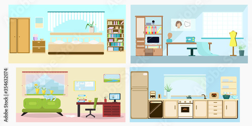 Interiors of the bedroom and children's room and kitchen and study