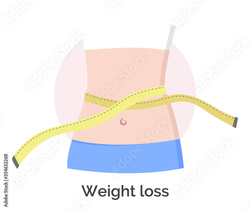 Weight loss icon. Woman waist and measuring tape. Healthy lifestyle and beneficiary dieting for health. Fitness results and positive effect of waistline of person. Food control and training vector