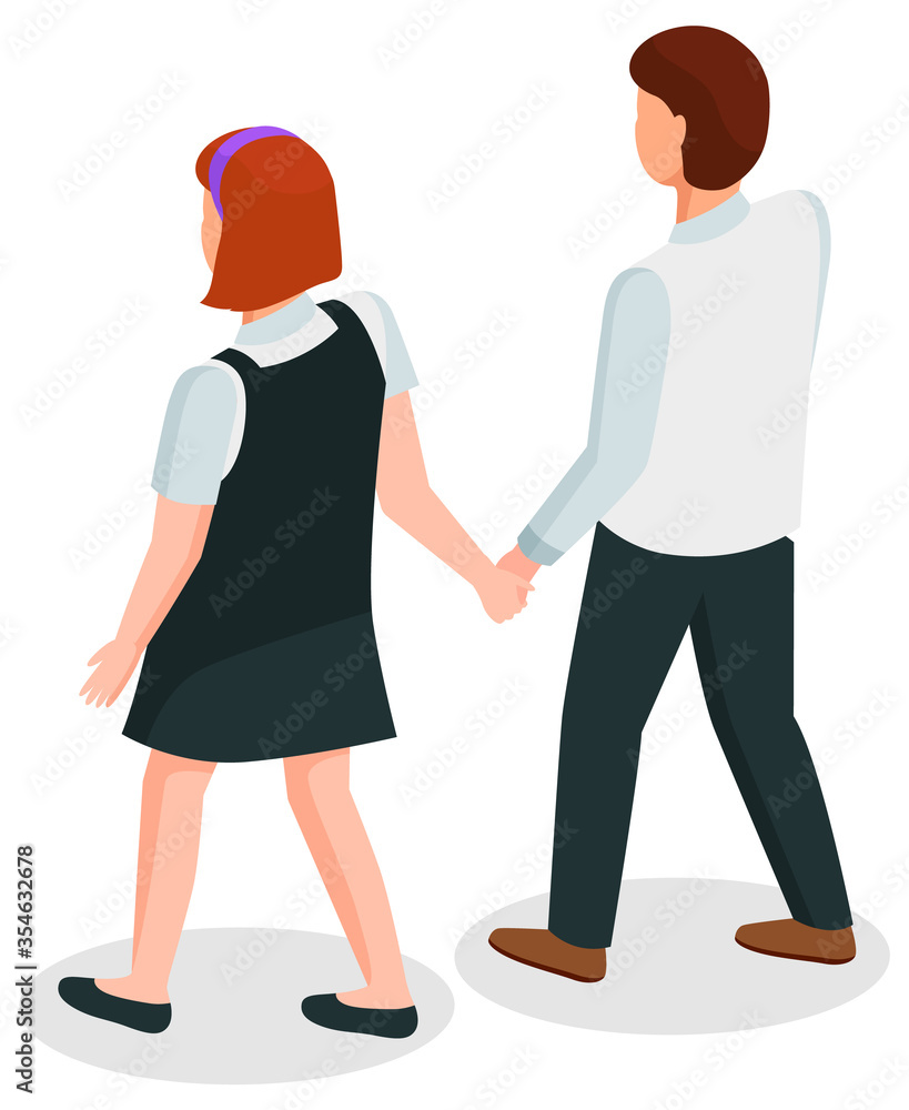 Students walking together vector, isolated boy and girl wearing uniform flat style character. Schoolboy and schoolgirl holding hands, teenagers high school Students walking together vector, isolated boy and girl wearing uniform flat style character. Schoolboy and schoolgirl holding hands, teenagers high school
