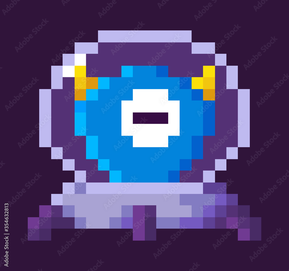 Obraz premium Alien sitting in spaceship vector, isolated monster with one eye and horns, 8 bit game pixelated character in protective costume, spooky personage , pixel cosmic monster for mobile app games