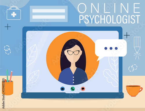 Vector flat illustration with laptop and person on screen.