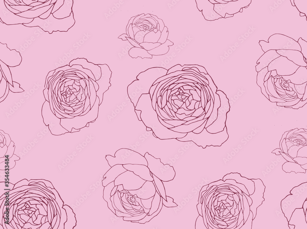 custom made wallpaper toronto digitalSeamless vector pattern with beautiful outline rose flowers. Hand drawn nature painting. For wrapping, fabric, wallpaper. On a pink background