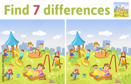 Find the differences in two colored pictures. Children riddle game with kids playing at the plyground. English language educational game sheet. Colorful flat vector illustration.