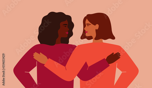 A black woman embraces her friend and they look to each other. Concept of fighting for equality and female empowerment movement. Vector illustration