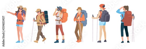 Girl with hiking backpack and trekking sticks. Young women explorer or traveller in sportswear. Adventure tourism, travel and discovery flat vector illustration.