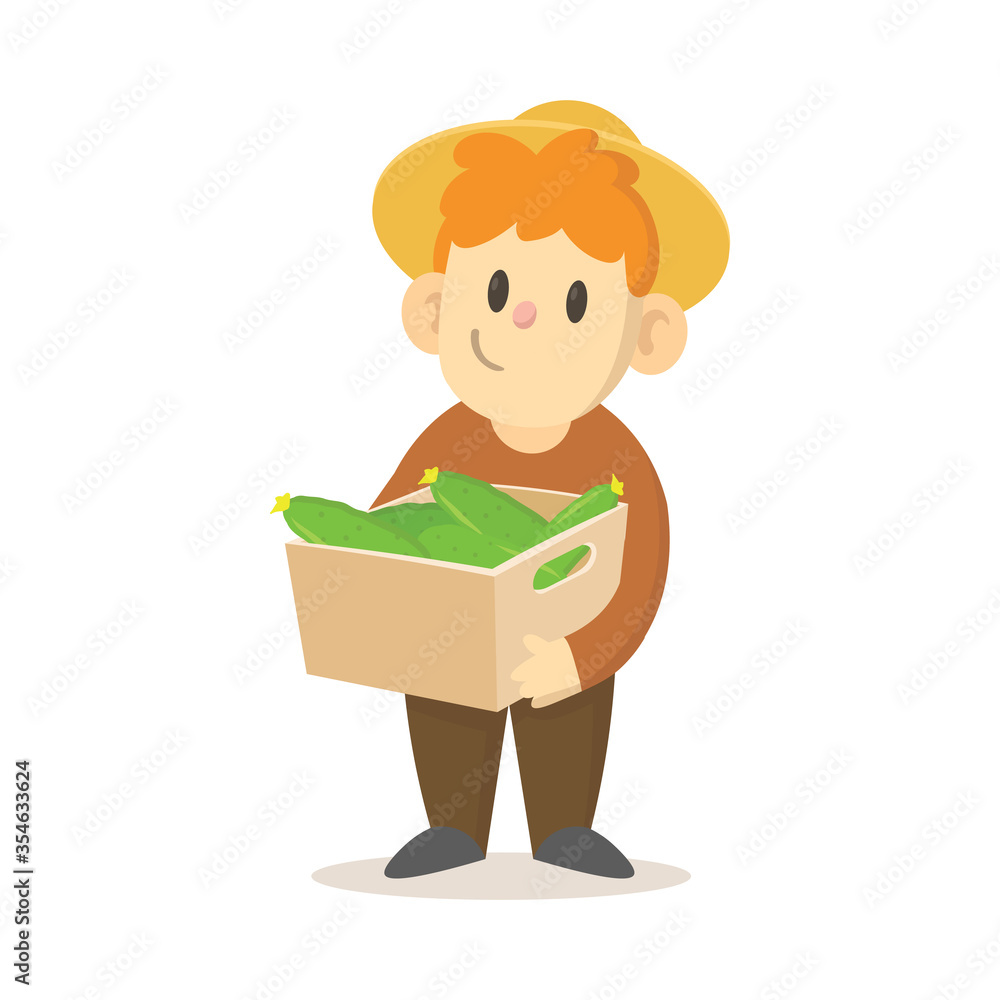 Happy farmer in a straw hat feeds the chickens. Cartoon character. Colorful flat vector illustration, isolated on white background. Happy farmer in a straw hat feeds the chickens. Cartoon character. Colorful flat vector illustration, isolated on white background.