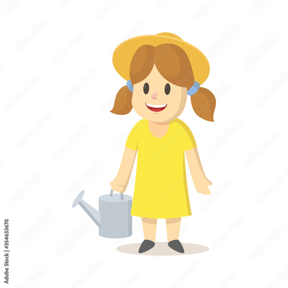 Girl in a straw hat and yellow dress holding watering can. Colorful flat vector illustration, isolated on white background.