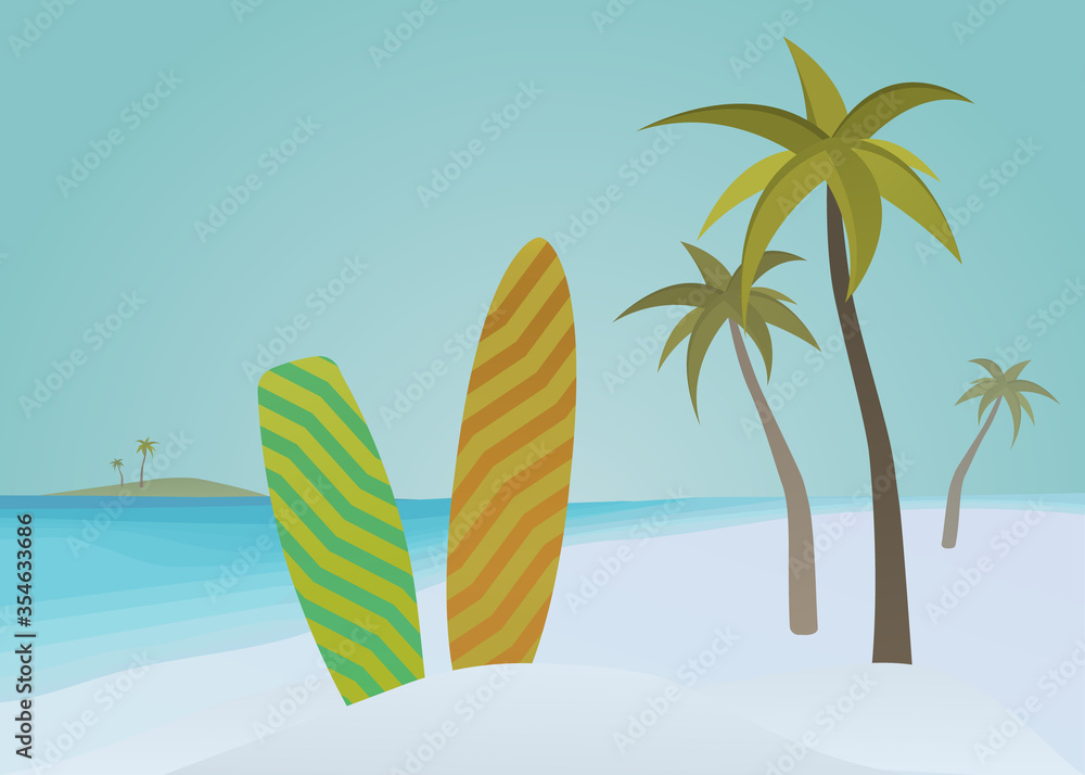 Surfing and wakeboarding board - summer sport vector concept illustration. Surfboard and wakeboard stuck in the sand against a turquoise ocean and blue sky. Island with sandy beach and palm trees. 