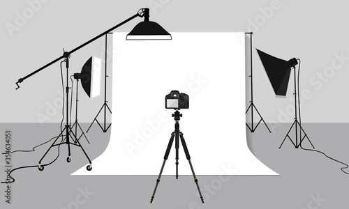 Flat Illustration Photography studio. Vector background with soft box light, camera, tripod and backdrop. photo