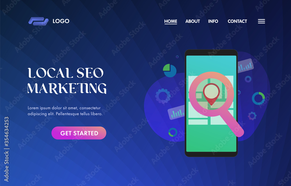 Local SEO Marketing UI UX vector web template for website header, banner, slider or landing page. Search Engine Optimization results based on client GPS geo-positioning and regional.