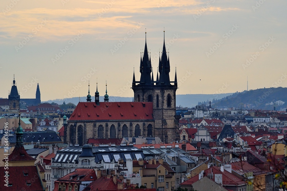 Church of the Mother of God in front of Týn, Týn Cathedral, a historical monument on the Old Town Square of the city of Prague, one of the dominants of the capital