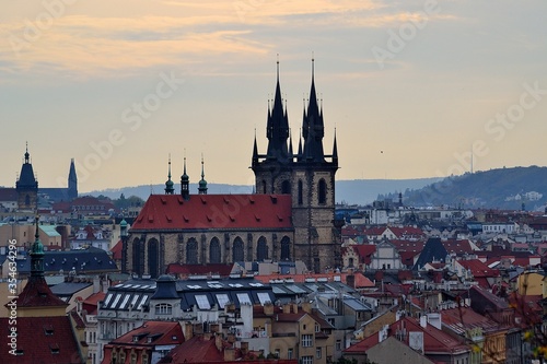Church of the Mother of God in front of Týn, Týn Cathedral, a historical monument on the Old Town Square of the city of Prague, one of the dominants of the capital
