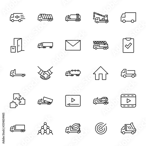 Truck Set of Transport Vector Line Icons. Contains such Icons as Truck, Transportation, Tow Truck, Cranes, Mixer, Garbage Truck, Manipulators, Delivery service and more. Editable Stroke. 32x32 Pixels