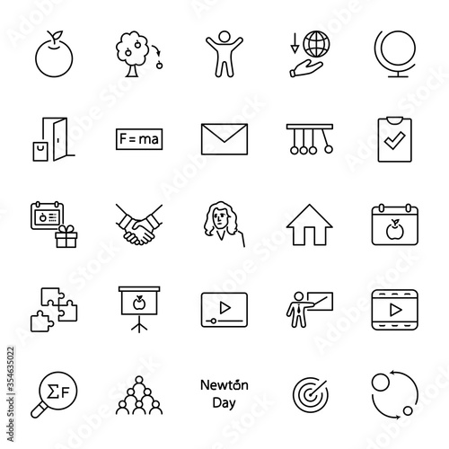 Newton's Day Set Line Vector Icon. Contains such Icons as Newton, Laws of physics and gravity, Flying Apple, Calendar, Teacher, blackboard and projector Editable Stroke. 32x32 Pixels