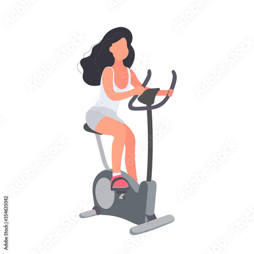 Girl on a stationary bike. The concept of sport and active lifestyle. Isolated. Vector.