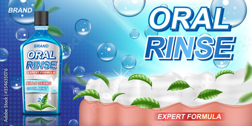 Fresh mint mouth rinse ads, mouthwash product with mint leaves for dental care poster. White tooth and Oral rinse Banner design. 3d vector illustration