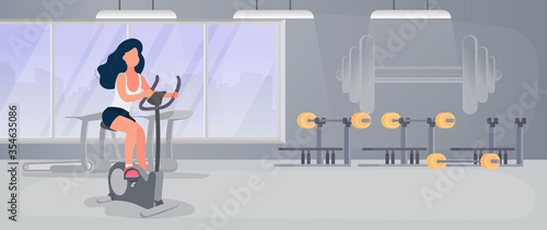 Girl on a stationary bike. A woman is engaged in the gym. The concept of sport and active lifestyle. Vector.