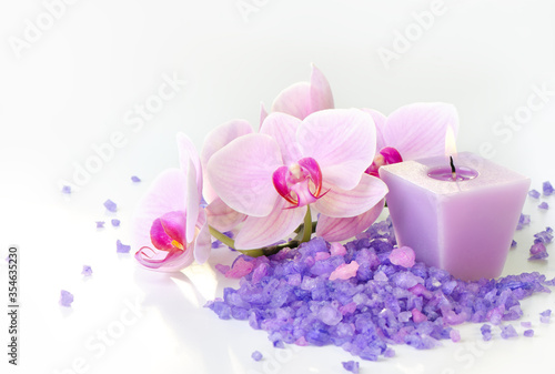 Composition of spa treatment  Orchids and sea salt with candle