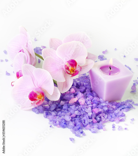 Composition of spa treatment  Orchids and sea salt with candle