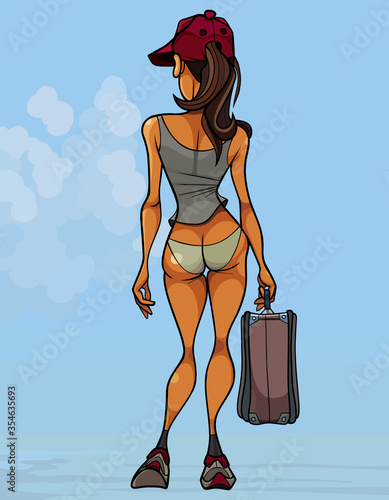 cartoon sexy slim woman in bikini sneakers and cap with a suitcase in hand