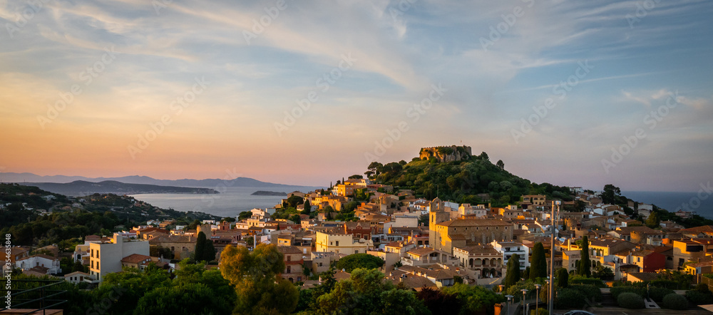 panorama of Begur old town and castle at sunset (Costa Brava - Girona - Spain) - obrazy, fototapety, plakaty 