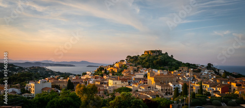 panorama of Begur old town and castle at sunset (Costa Brava - Girona - Spain) photo