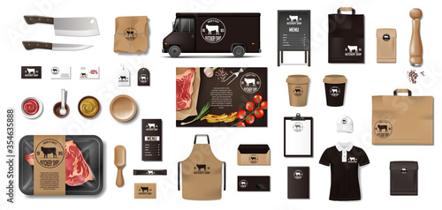 Variety of food in the butcher shop. Restaurant Brand Identity mockup set. Branding packaging elements meat, steak, uniform, menu, delivery van, knife, supermarket food in pack. Vector