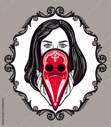 Beautiful woman holding a plague doctor mask -medieval gothic tattoo style.Symbol of unity, solidarity and support in a health crisis. Isolated vector illustration.