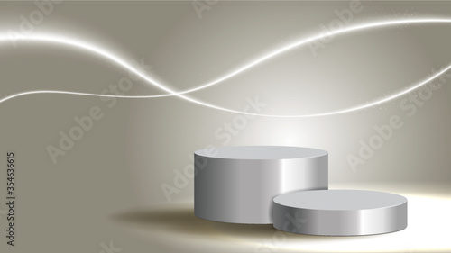 Round white stage podium illuminated with luxury on glitter particles background for product presentation.