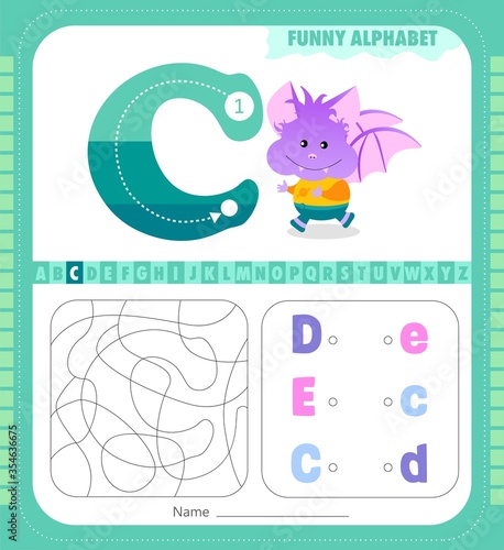 Letter C and funny cartoon bat. Alphabet a-z. Coloring page. Printable worksheet. 