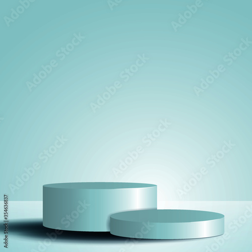 Round white stage podium illuminated with luxury on glitter particles background for product presentation.