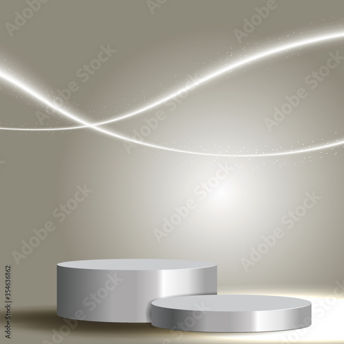Round white stage podium illuminated with luxury on glitter particles background for product presentation.